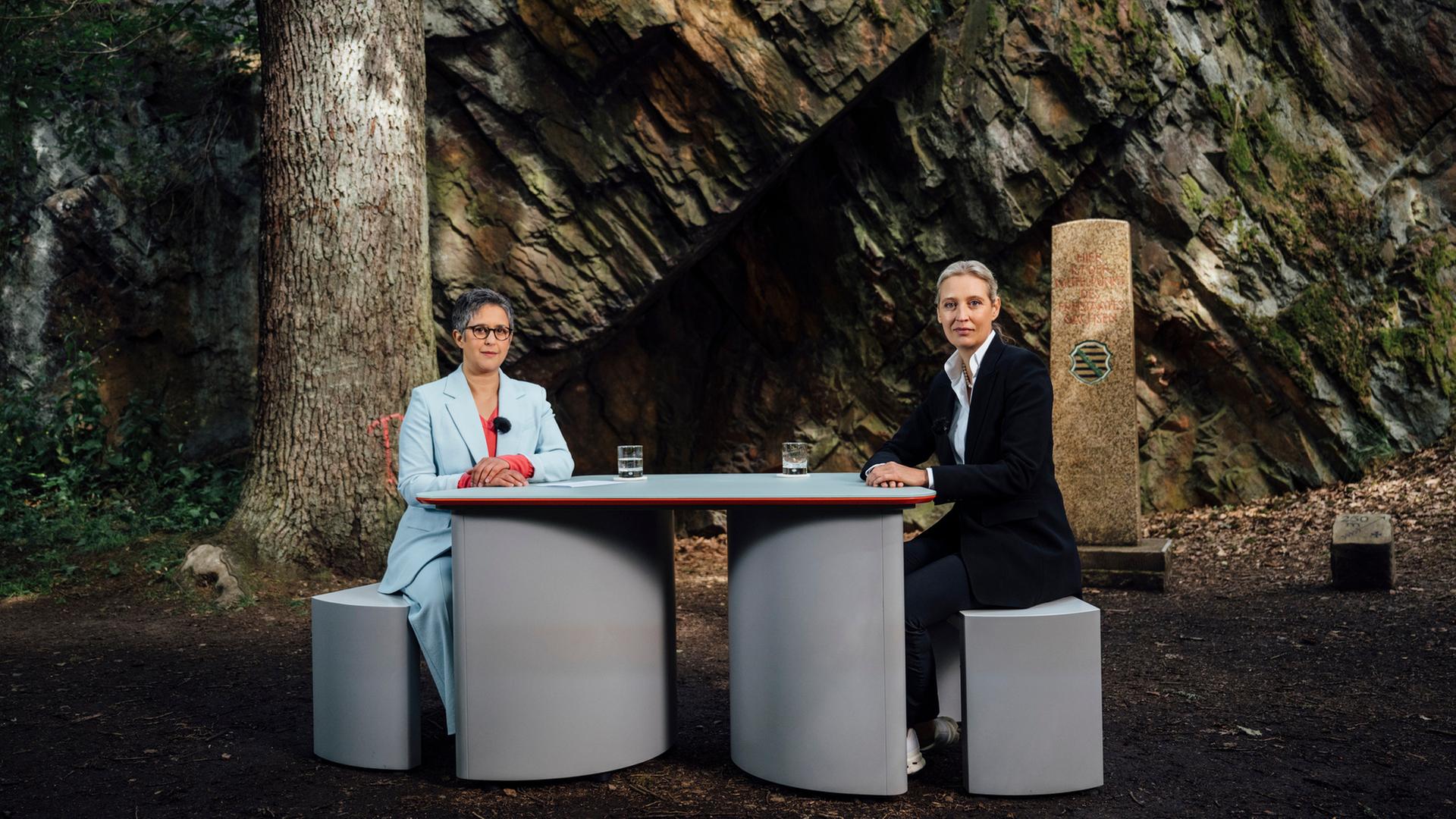 Sachsen, Naundorf: Alice Weidel (r), Bundesvorsitzende der AfD, spricht beim ZDF-Sommerinterview in «Berlin direkt» in einem Wald am sogenannten "Geographischen Mittelpunkt Sachsens" mit Moderatorin Shakuntala Banerjee