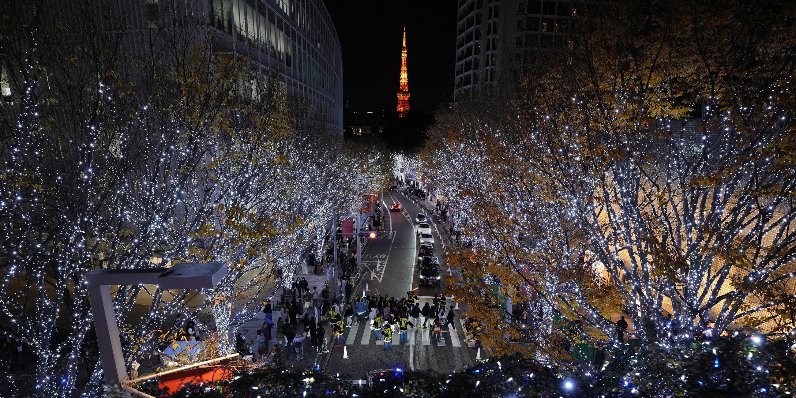 Menschen schauen sich die alljährliche Illumination zum Jahresende im Stadtteil Roppongi in Tokio an.