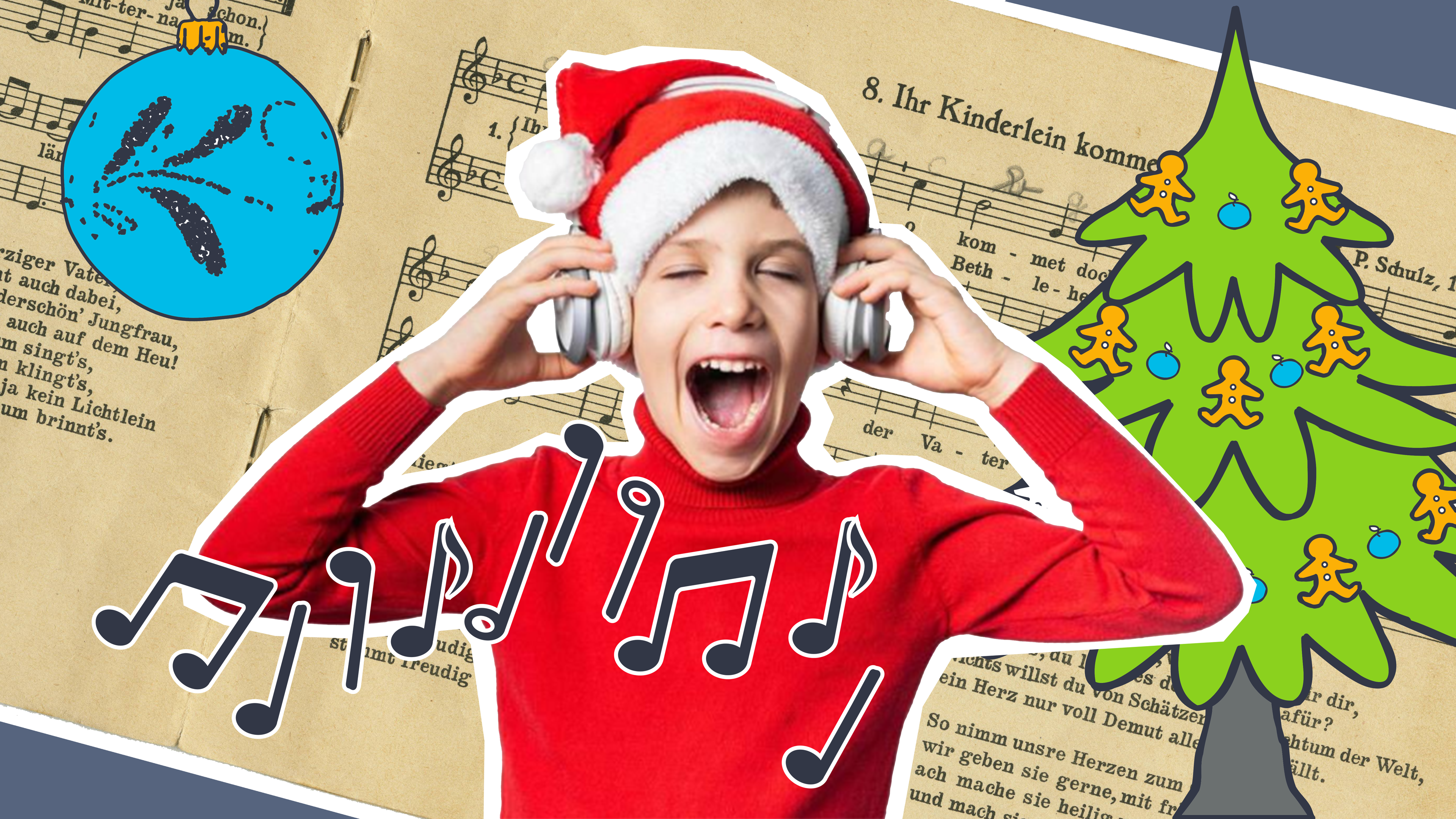 Junge mit Weihnachtsmütze singt, im Hintergrund Noten, Weihnachtsbaum und Christbaumkugel.