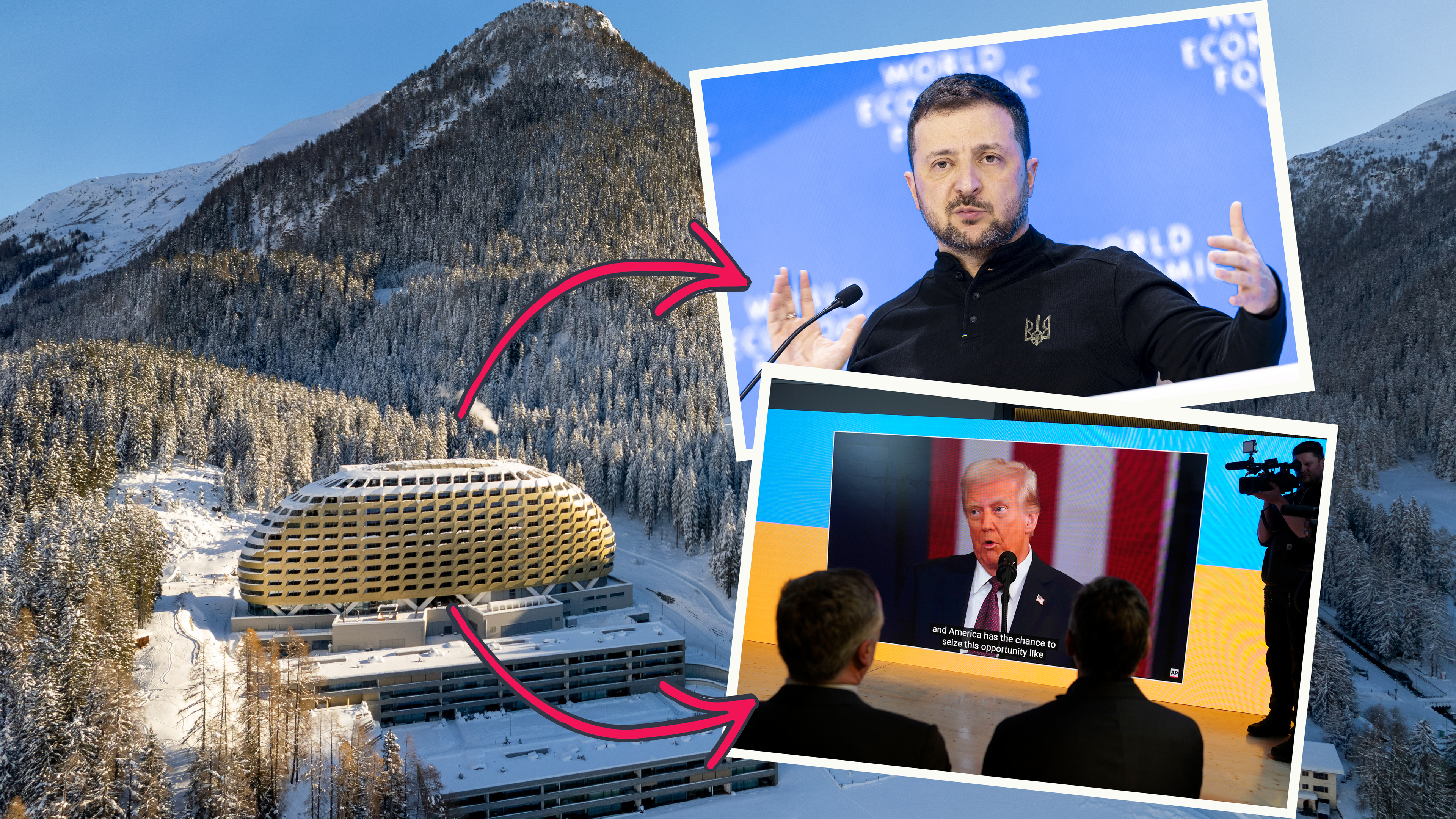 Ein Foto von Wolodimir Selenskyi und eines von Donald Trump mit Pfeilen zum Gebäude in Davos.