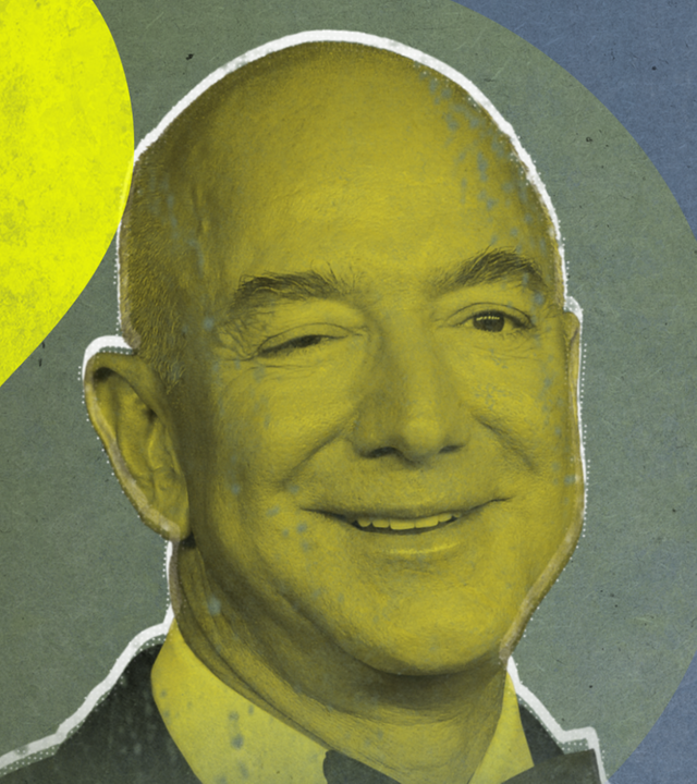 Jeff Bezos im Porträt, grun eingefärbt, links daneben ein gelbes Fragezeichen im Anschnitt.