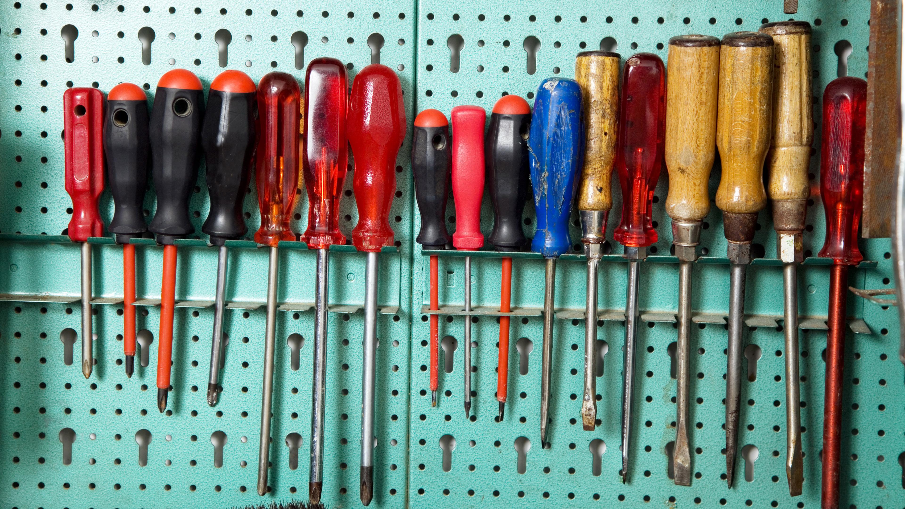 An einer Werkzeugwand hängt eine Auswahl verschiedener Schraubenzieher.