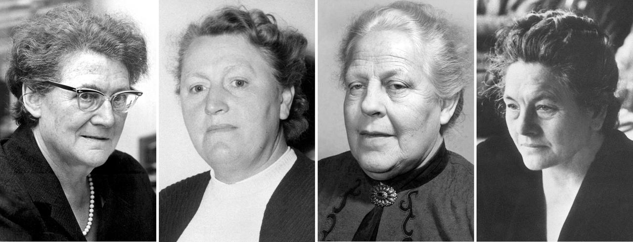 Berlin: Die "Mütter des Grundgesetzes". Helene Wessel (l-r, 04.07.1968), Elisabeth Selbert (1953), Helene Weber (08.03.1956), Frieda Nadig (undatiert).