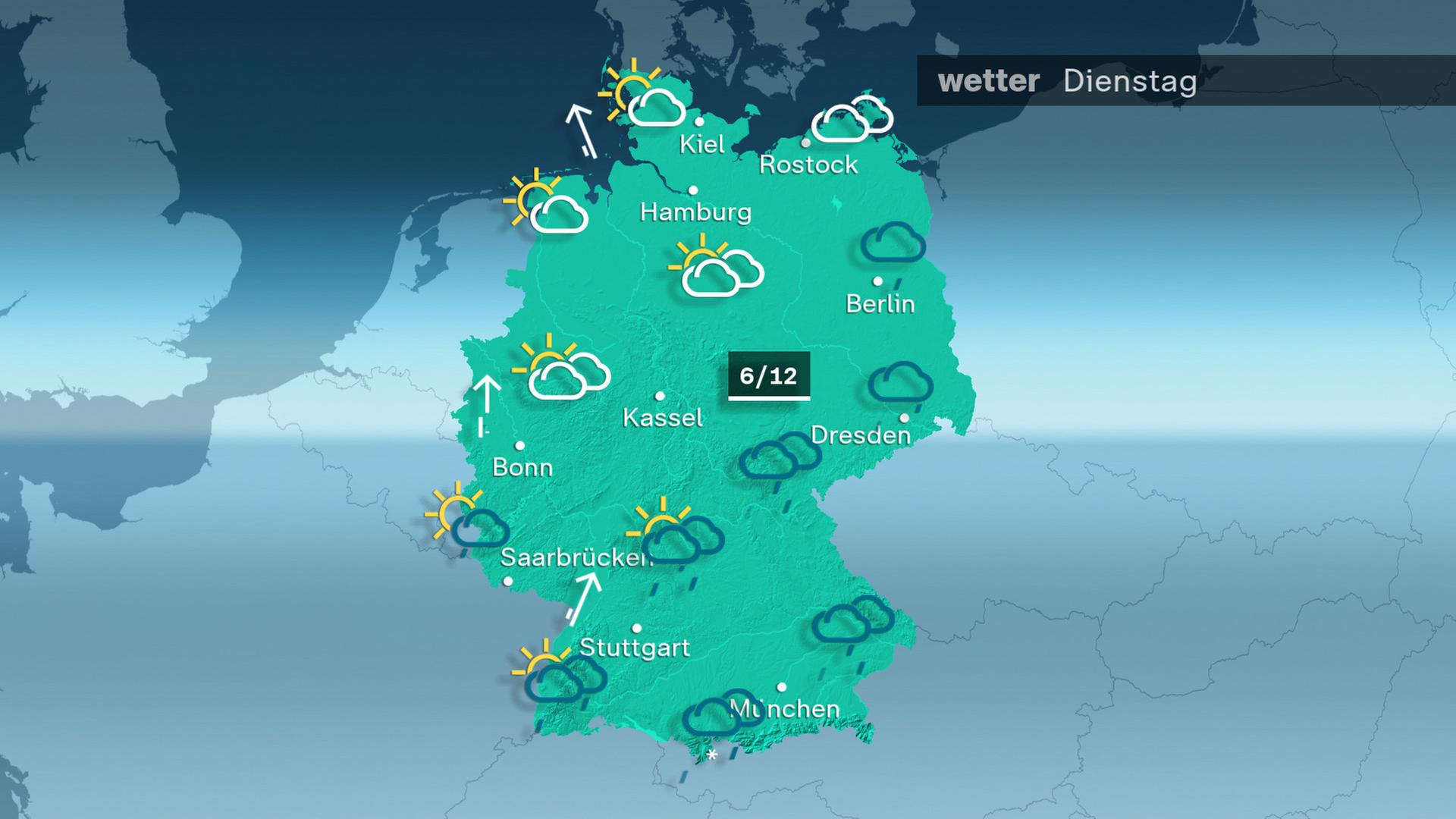 Am Dienstag regnet es im Süden und Osten. An den Alpen fällt Schnee bis 600 Meter herab. Später geht der Schnee in Regen über. Im Nordwesten ist es trocken. Die höchsten Temperaturen liegen zwischen 6 und 12 Grad.