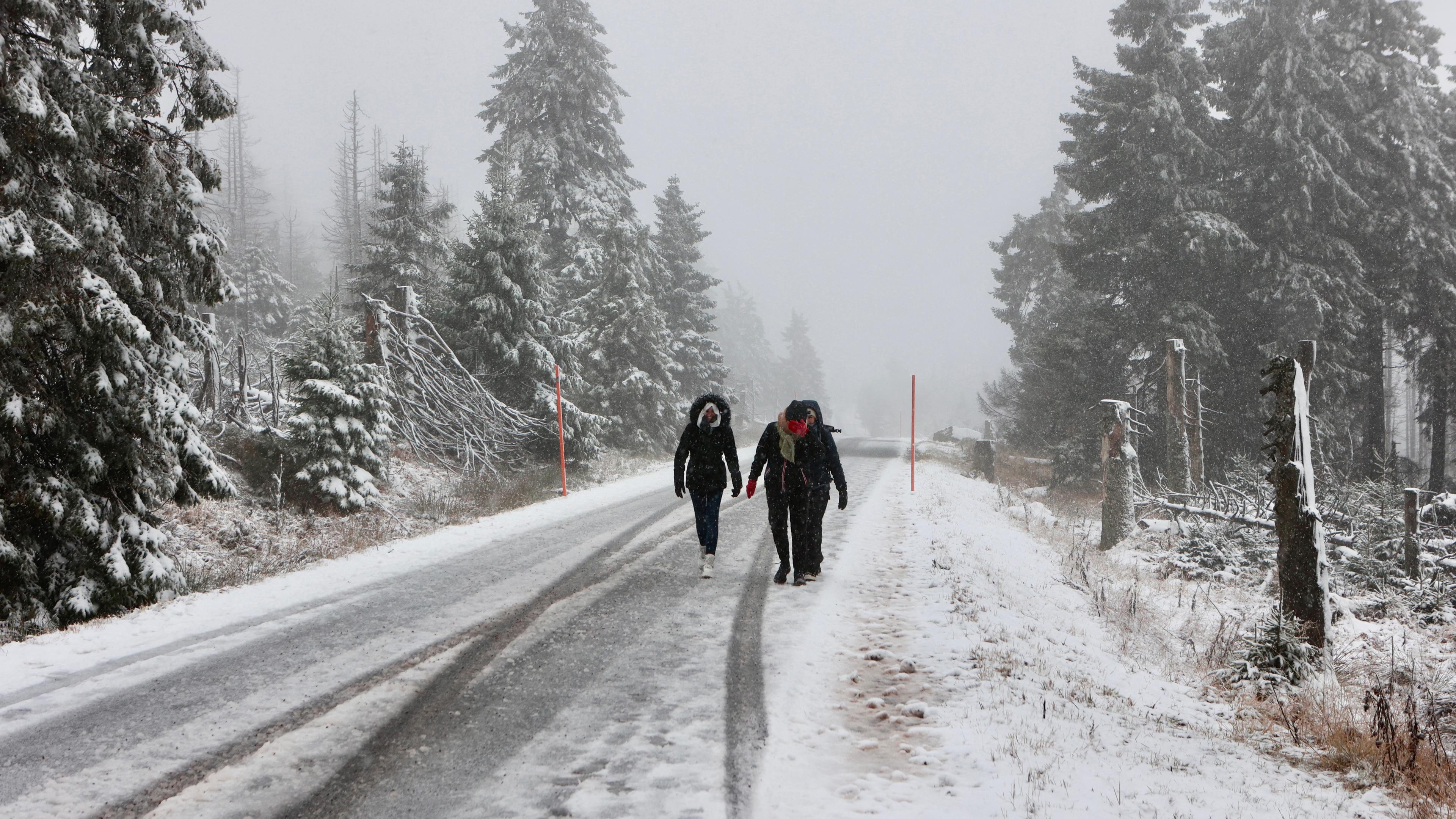 Sachsen-Anhalt, Schierke: Schneebedeckt ist die Kreisstraße am Brocken.