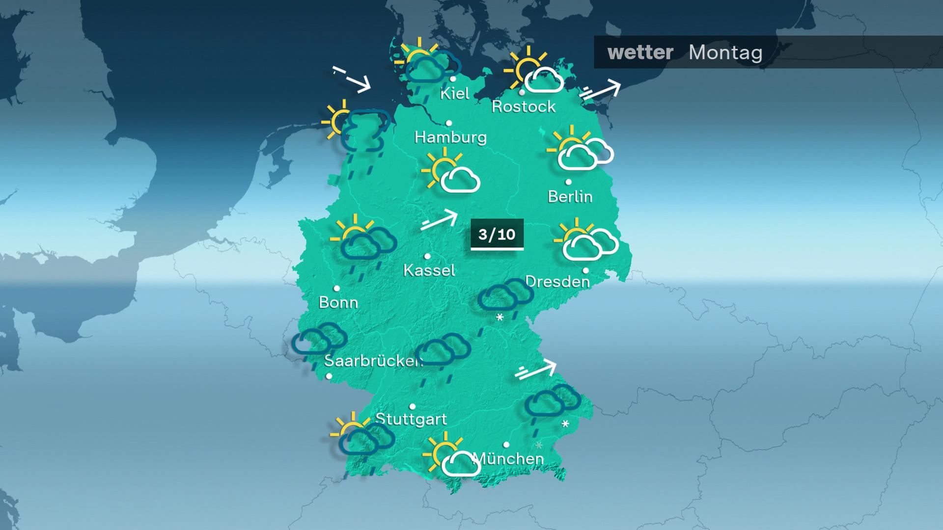 Am Montag ist es sehr wechselhaft. Vor allem in der Mitte regnet es kräftig. In den Mittelgebirgen kann es anfangs oberhalb von etwa 600 Metern schneien. Im Nordwesten sind Gewitter möglich. Der Wind weht kräftig aus westlichen Richtungen, an der See und auf den Bergen mit Sturmböen. Die Höchsttemperatur liegt bei 3 bis 10 Grad.