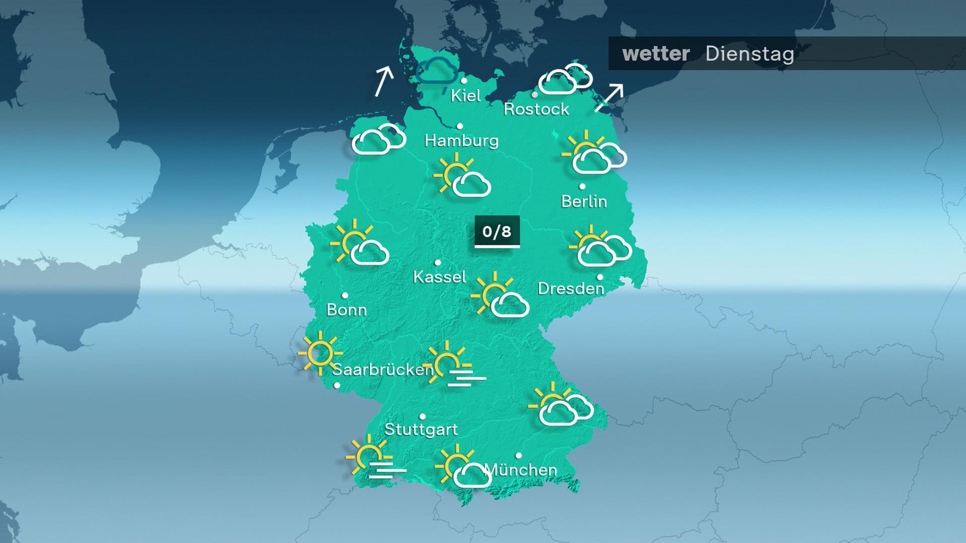 Am Dienstag liegen über dem Norden dichte Wolken und in Schleswig-Holstein fällt etwas Sprühregen. Sonst ist es nach Nebel wolkig oder sonnig, in einigen Flusstälern den ganzen Tag über neblig. Die Höchsttemperatur liegt zwischen 0 und 8 Grad. 