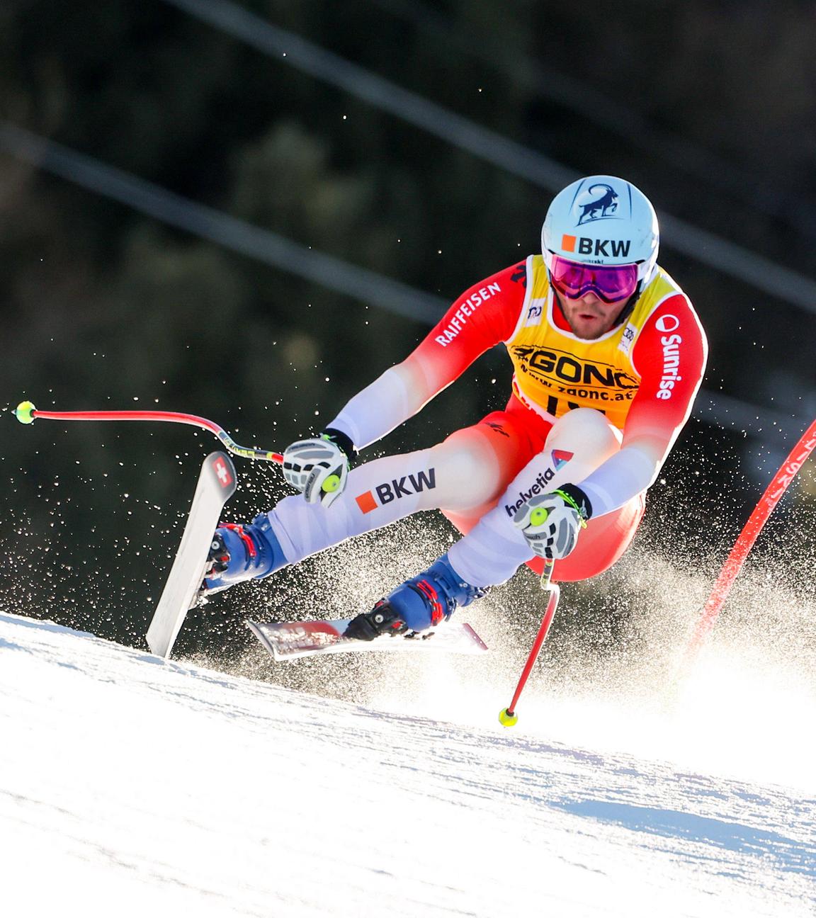 Der Schweizer Alexis Monney während seiner Abfahrt beim Riesenslalom in Bormio.