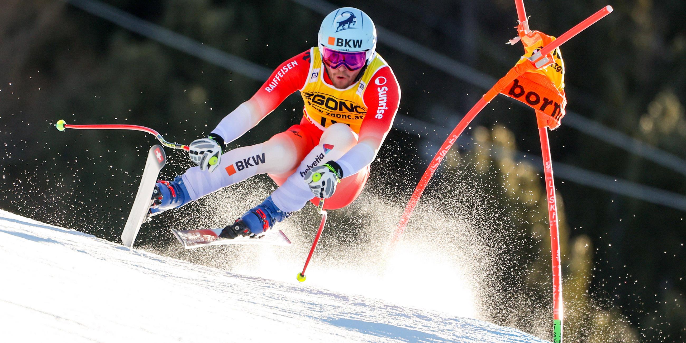 Der Schweizer Alexis Monney während seiner Abfahrt beim Riesenslalom in Bormio.