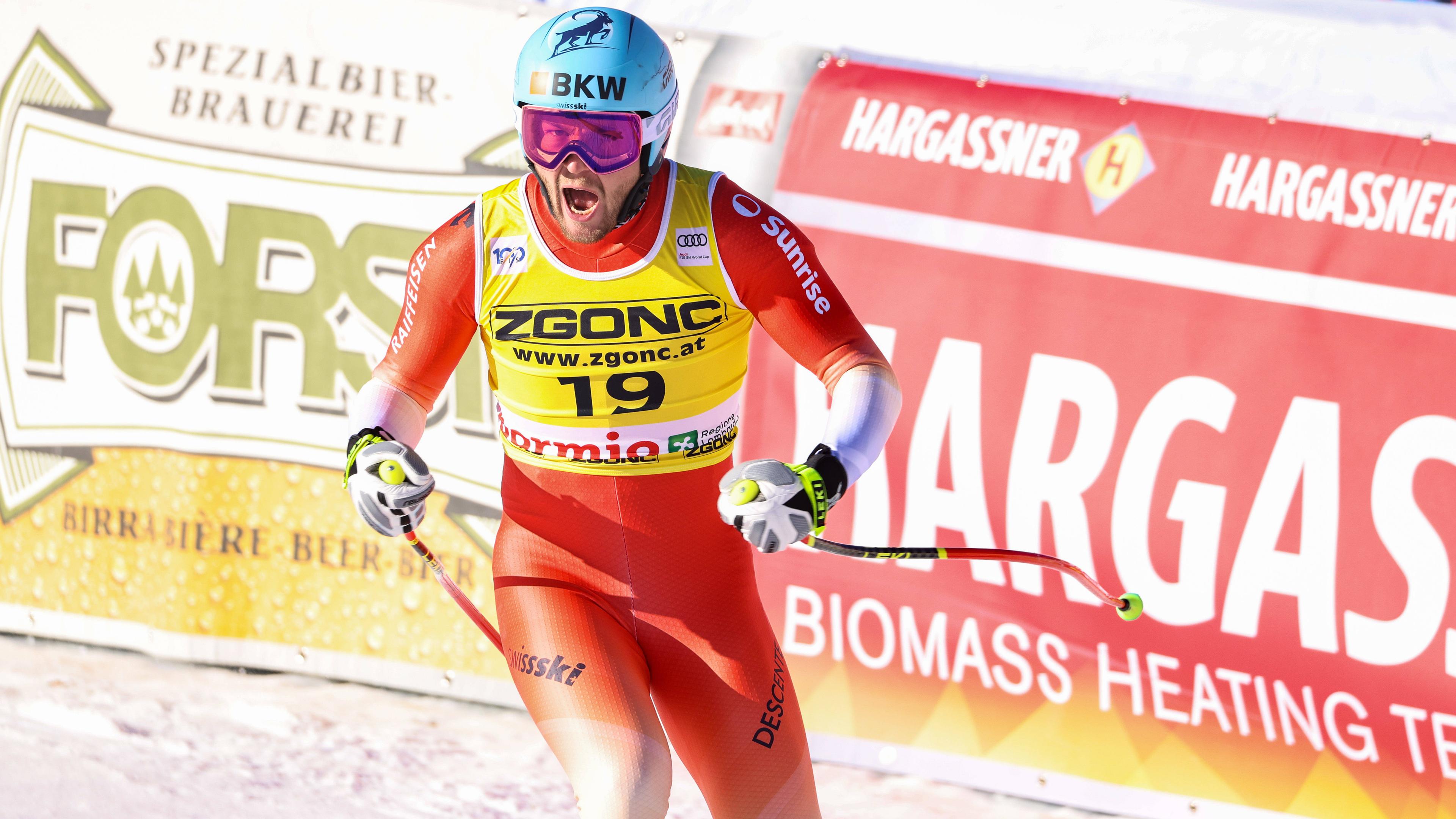 Der Schweizer Alexis Monney jubelt nach seiner Abfahrt beim Riesenslalom in Bormio.