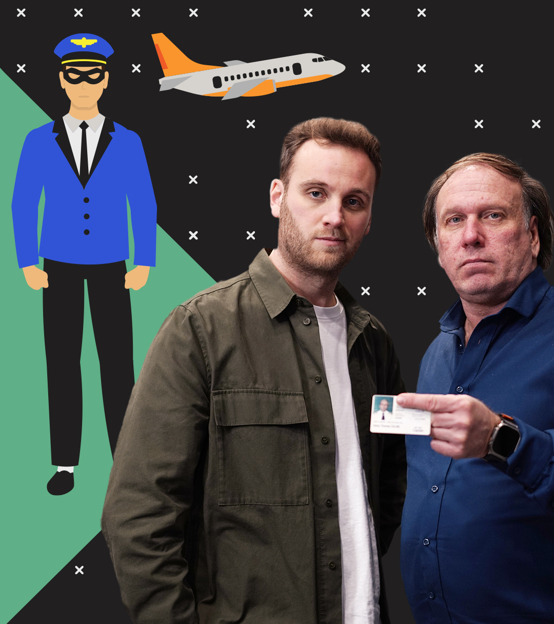 Leon Windscheid steht neben einem Mann, der einen Pass ins Bild zeigt. Dahinter sind ein Pilot in Pilotuniform und ein fliegendes Flugzeug abgebildet.