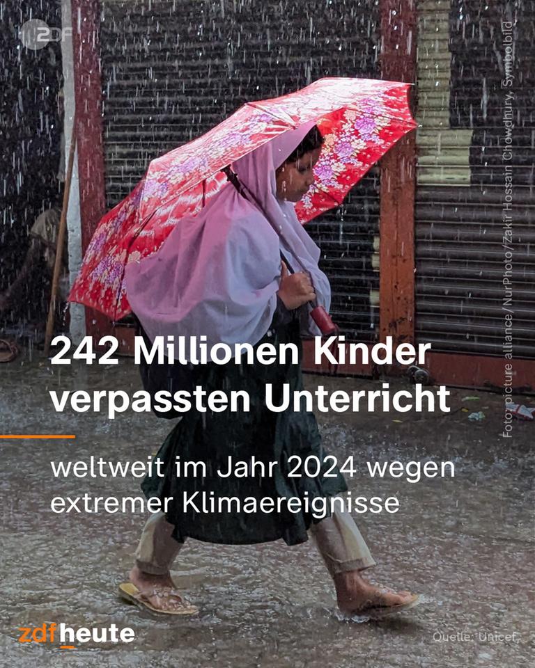 Ein Mädchen läuft durch den Regen. Darüber die Überschrift: 242 Millionen Kinder verpassten Unterricht weltweit im Jahr 2024 wegen extremer Klimaereignisse 