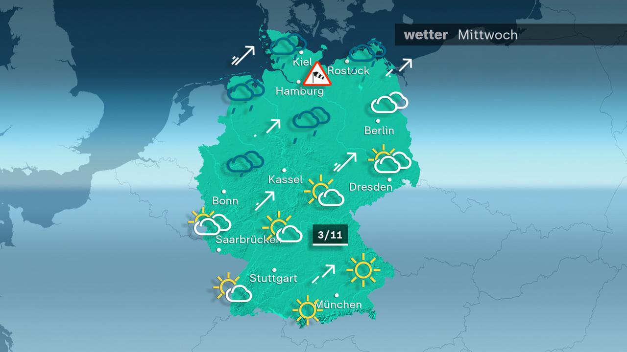 An Neujahr bleiben die Wolken im Norden und Nordwesten dicht und es regnet länger anhaltend. Dazu weht verbreitet ein starker Südwestwind, an den Küsten und auf den Bergen mit schweren Sturmböen. Im Süden ist es dagegen nach Nebelauflösung sonnig und trocken. Die Höchstwerte liegen zwischen 3 und 11 Grad.