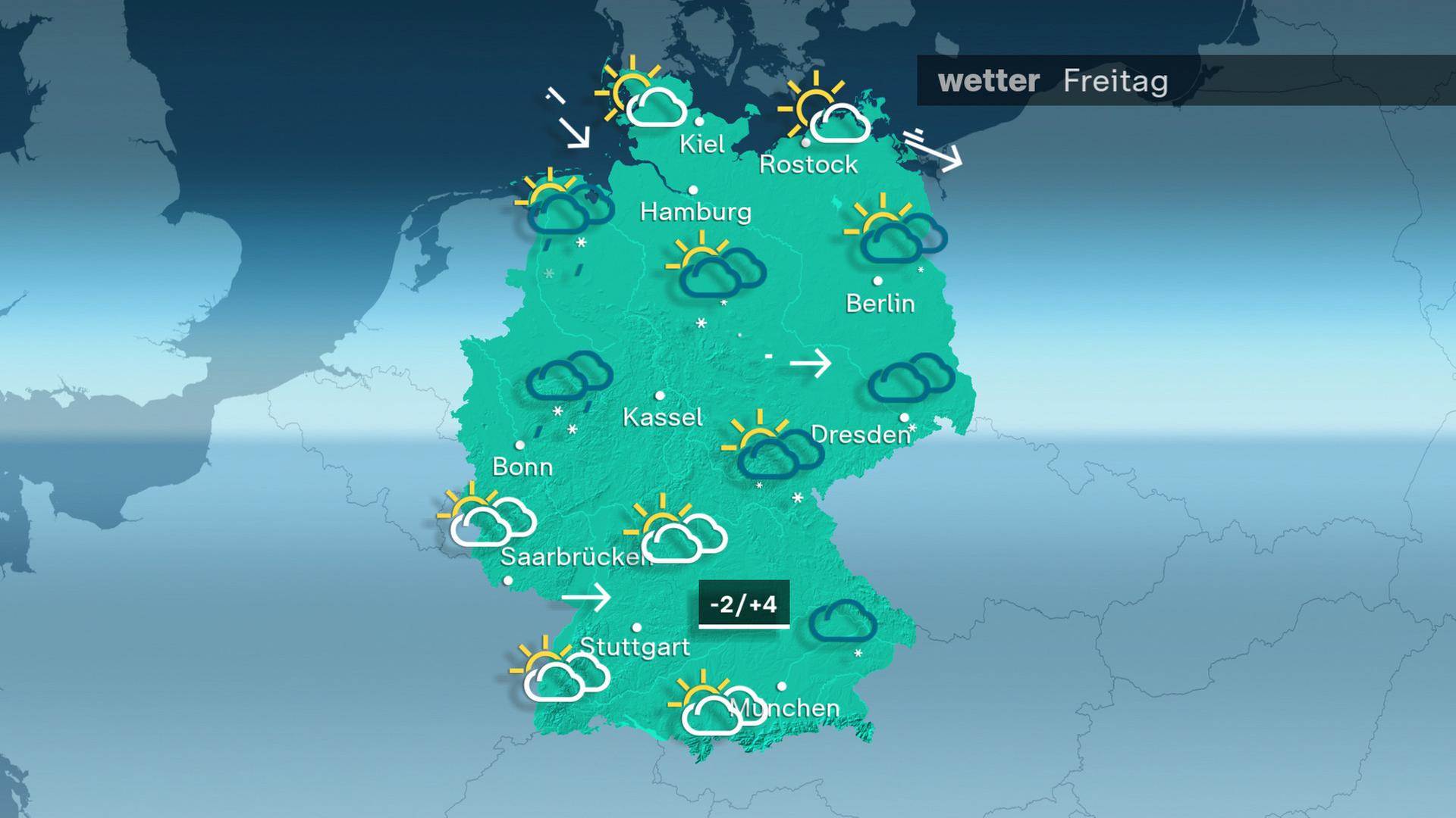 Am Freitag zieht von Norden ein Schneefallgebiet in die Mitte Deutschlands. Nur in tiefen Lagen fällt auch Regen. Sonst ist es wolkig mit nur wenigen Schauern. Im Norden weht der Wind frisch, in Böen stark bis stürmisch aus Nordwest. Die Höchsttemperatur liegt zwischen minus 2 und plus 4 Grad.