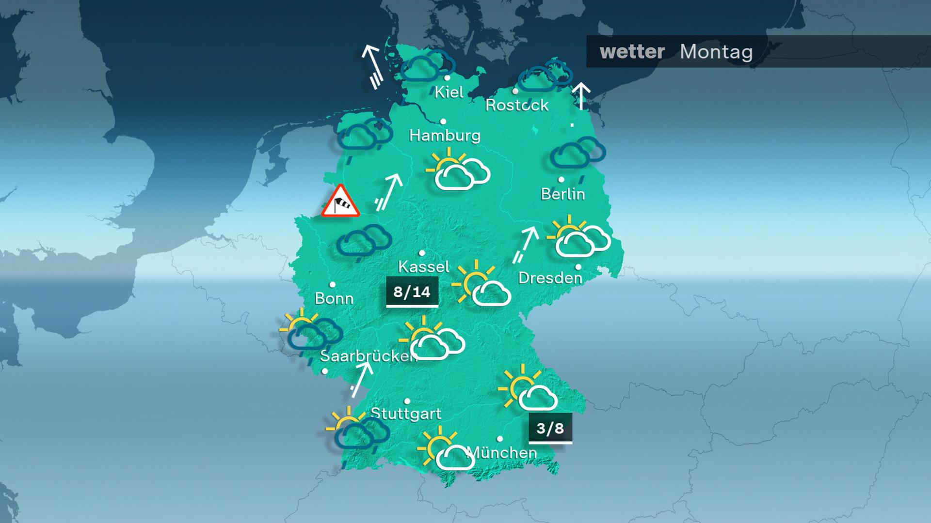 Am Montag scheint im Südosten oft die Sonne und es bleibt meist trocken. Sonst überwiegen die Wolken und es gibt Schauer. Dazu weht ein starker südlicher Wind mit schweren Sturmböen im Nordwesten. Die Temperatur steigt auf Werte von 3 bis 14 Grad. 