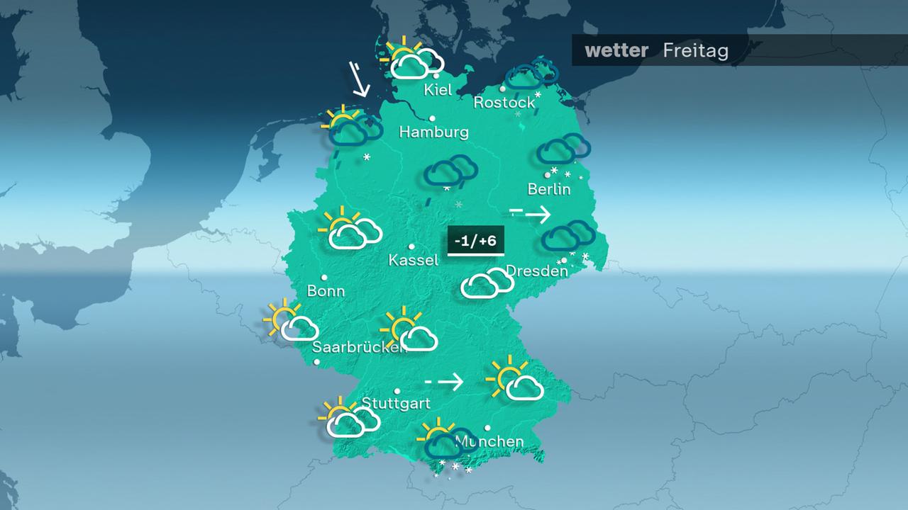 m Freitag gibt es von den Küsten bis zum Erzgebirge immer wieder Schnee- und Schneeregenschauer. Sonst bleibt es bei einem Mix aus Sonne und Wolken meist trocken. Gegen Abend kommt an den Alpen neuer Schnee auf. Bei einem lebhaften Westwind werden minus 1 bis plus 6 Grad erreicht.