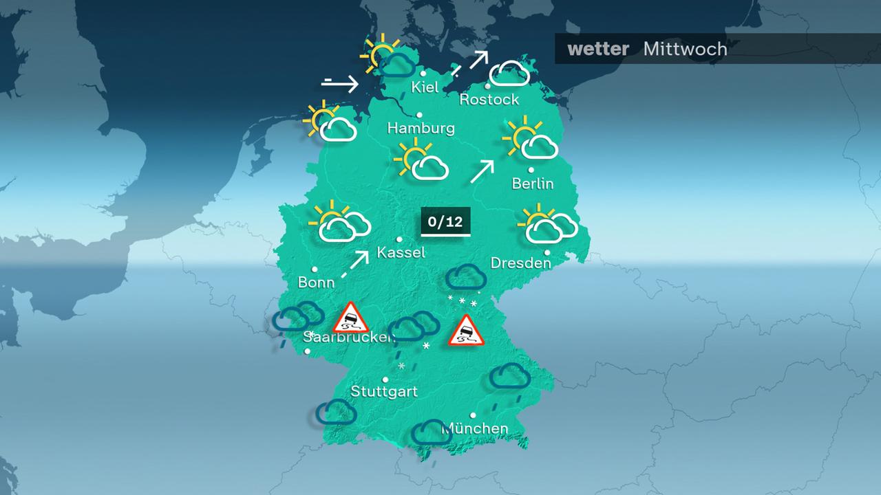 Am Mittwoch ziehen in der Südhälfte viele Wolken mit Regen oder Schnee durch, dabei gibt es in der Mitte zeitweise auch gefrierenden Regen. Im Norden gibt es nur wenige Schauer mit sonnigen Abschnitten. Die höchsten Temperaturen liegen zwischen 0 und 12 Grad.