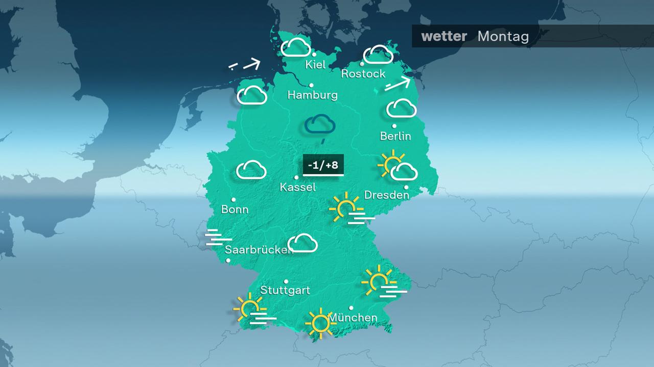 Am Montag bleibt es im Norden dicht bewölkt und vereinzelt kann es etwas Sprühregen geben. Dazu weht ein frischer Südwestwind mit stürmischen Böen. Nach Süden hin zeigt sich häufiger die Sonne, teils bleibt es aber auch neblig-trübe. Die Temperaturen erreichen minus 1 bis plus 8 Grad. 