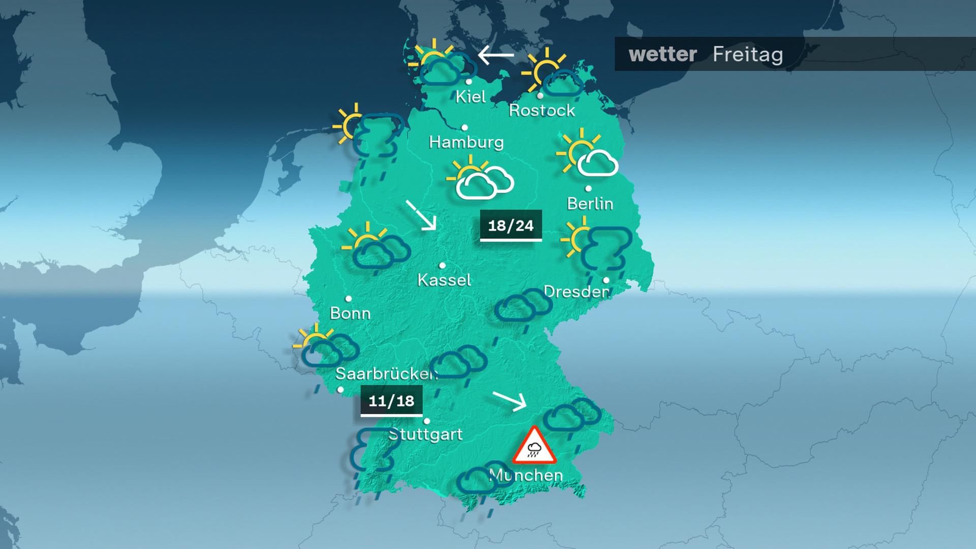 Am Freitag regnet es im Südosten teils kräftig, in Bayern anhaltend und ergiebig. Sonst gibt es einzelne Schauer und Gewitter, aber auch sonnige Abschnitte. Die Temperatur steigt im Süden auf 11 bis 18 Grad. Im Norden werden 18 bis 24 Grad erreicht.