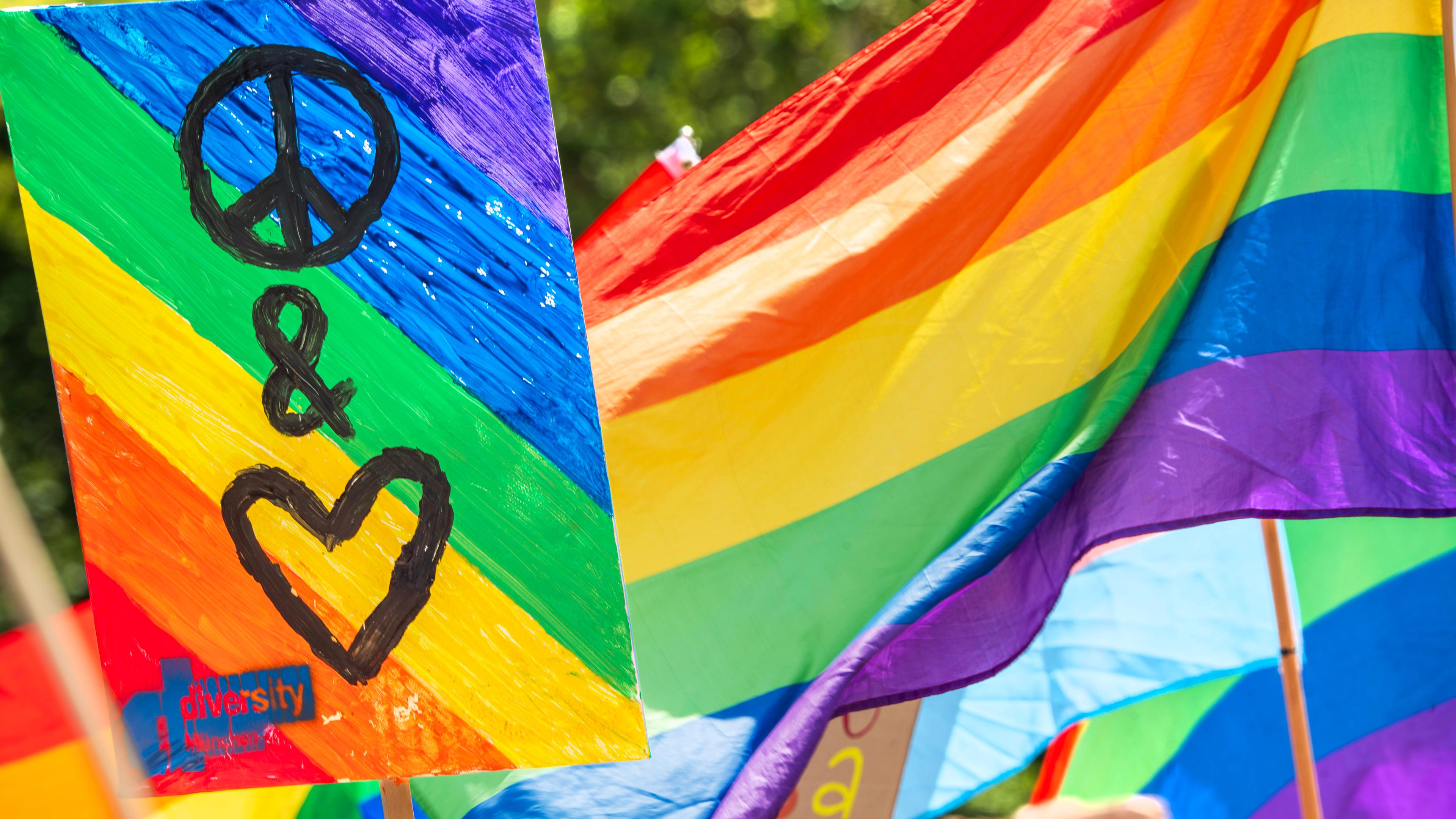 Regenbogenfahnen bei der CSD Politparade 2024.