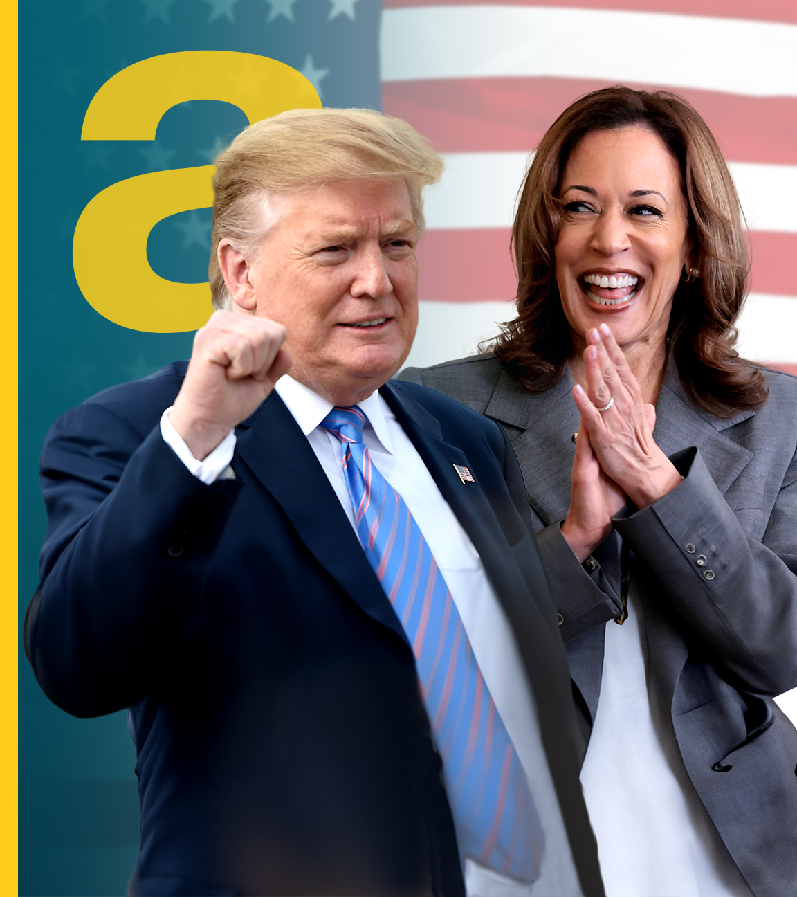 Trump und Harris vor USA-Flagge