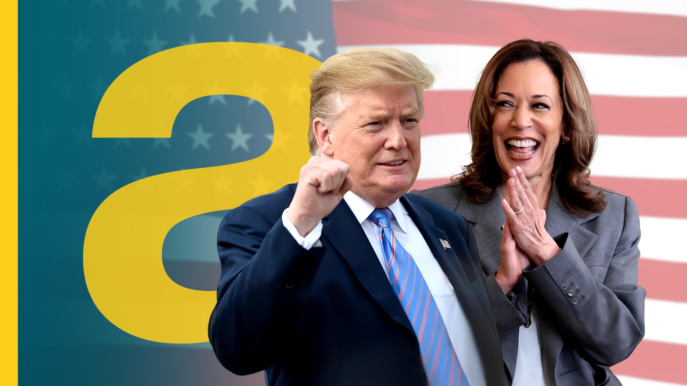 Trump und Harris vor USA-Flagge